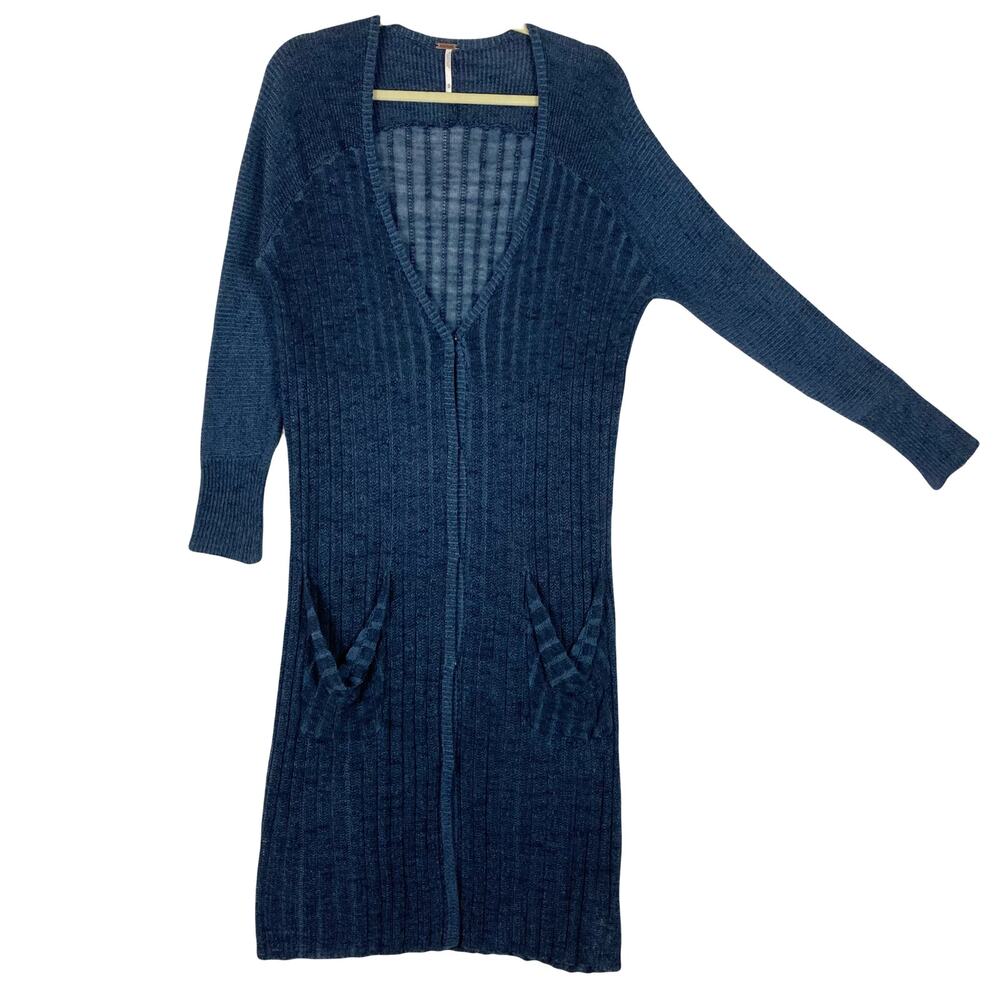 FREE PEOPLE Cardigan M Navy Stripe Rib Loose-Knit Cotton Snaps Pocket Long-Sleev